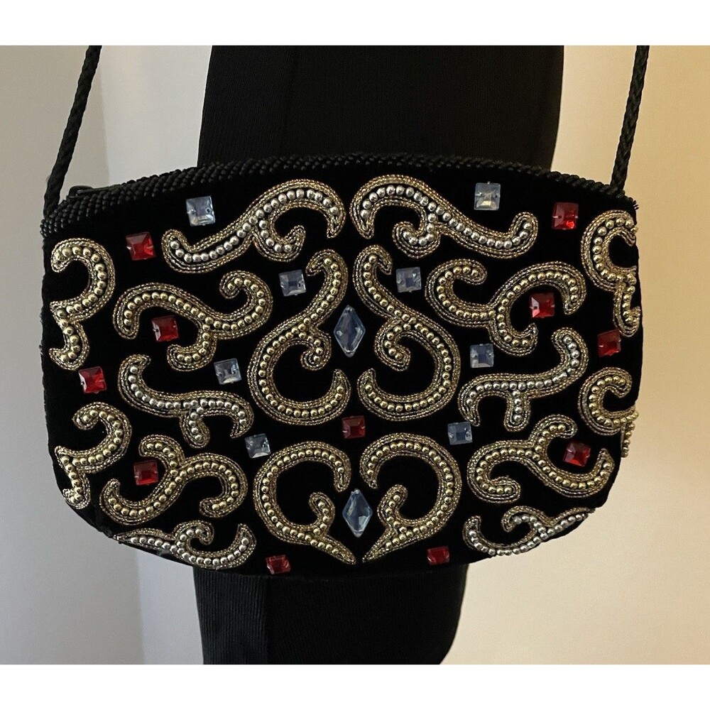 Vintage Cadaz velvet Beaded Evening Formal‎ Shoulder Bag purse Bling wedding